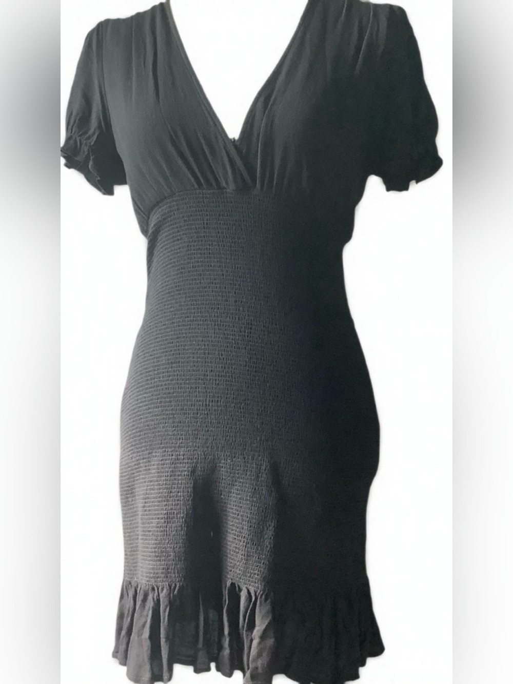 Fashion Nova Black V-Neck Smocked Midi Dress with Ruffle Hem size L